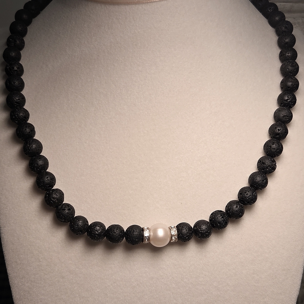 Lava Bead Necklace with Pearl Accent
